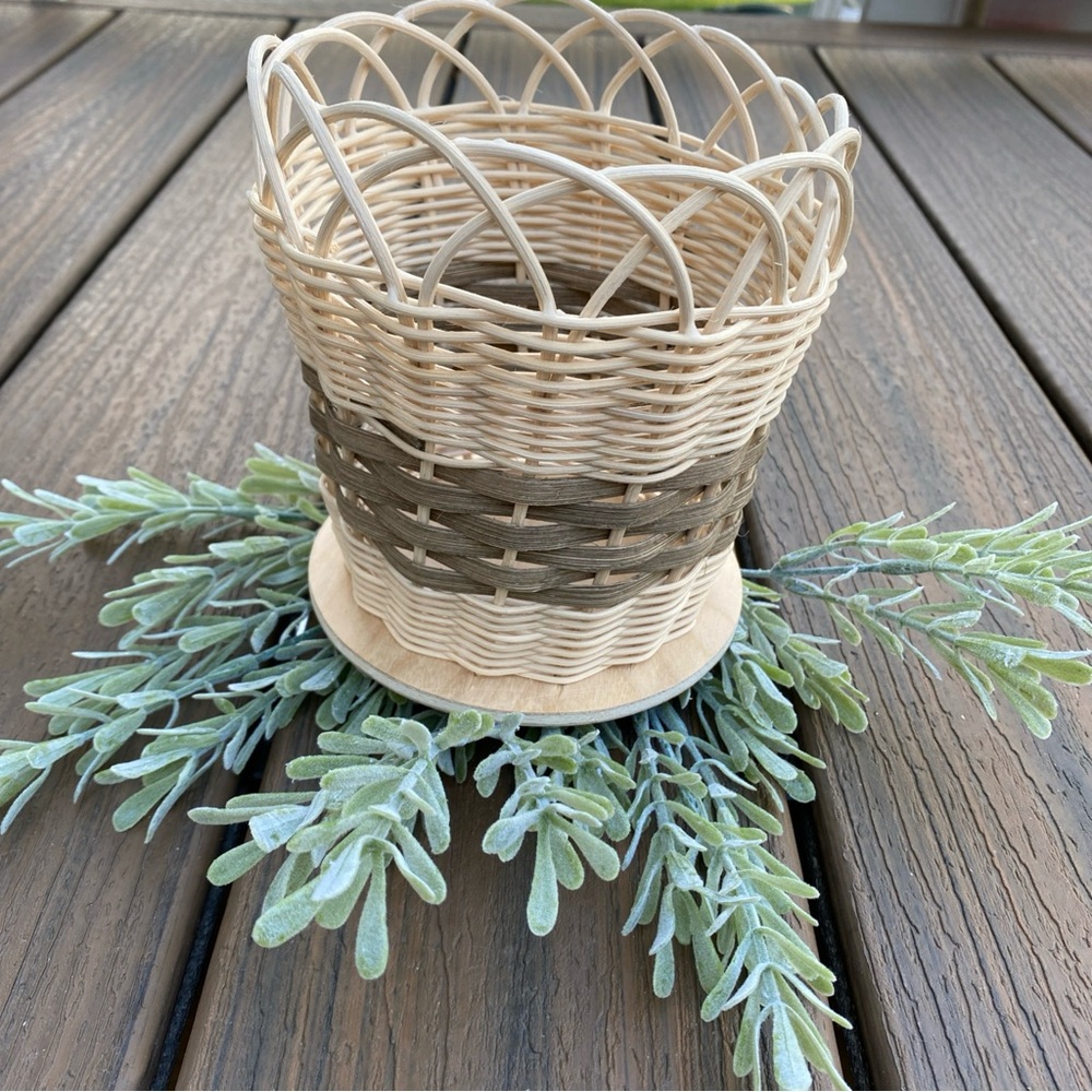 Handmade Tall Looped Edge Natural and Brown Woven Wood Basket 5.5x5.5x7”